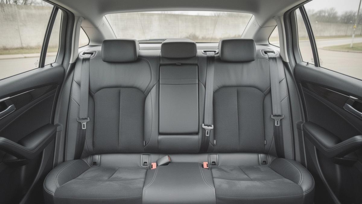 Rear passenger cabin of an executive transfer car with charcoal seats and clear floor space